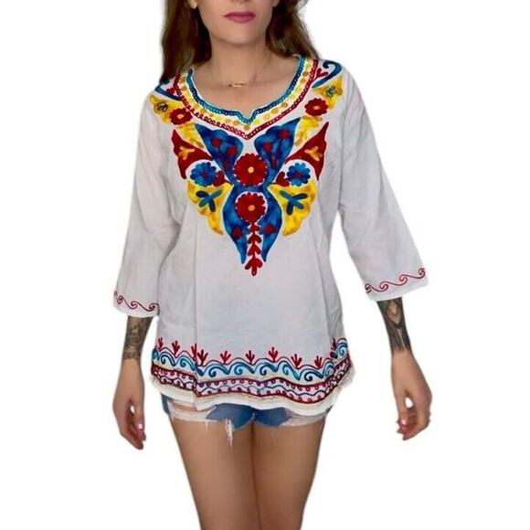 OMJA WORLD Mexican Embroidered Peasant Blouse Floral Ethnic Authentic Top Sz L - Picture 1 of 9